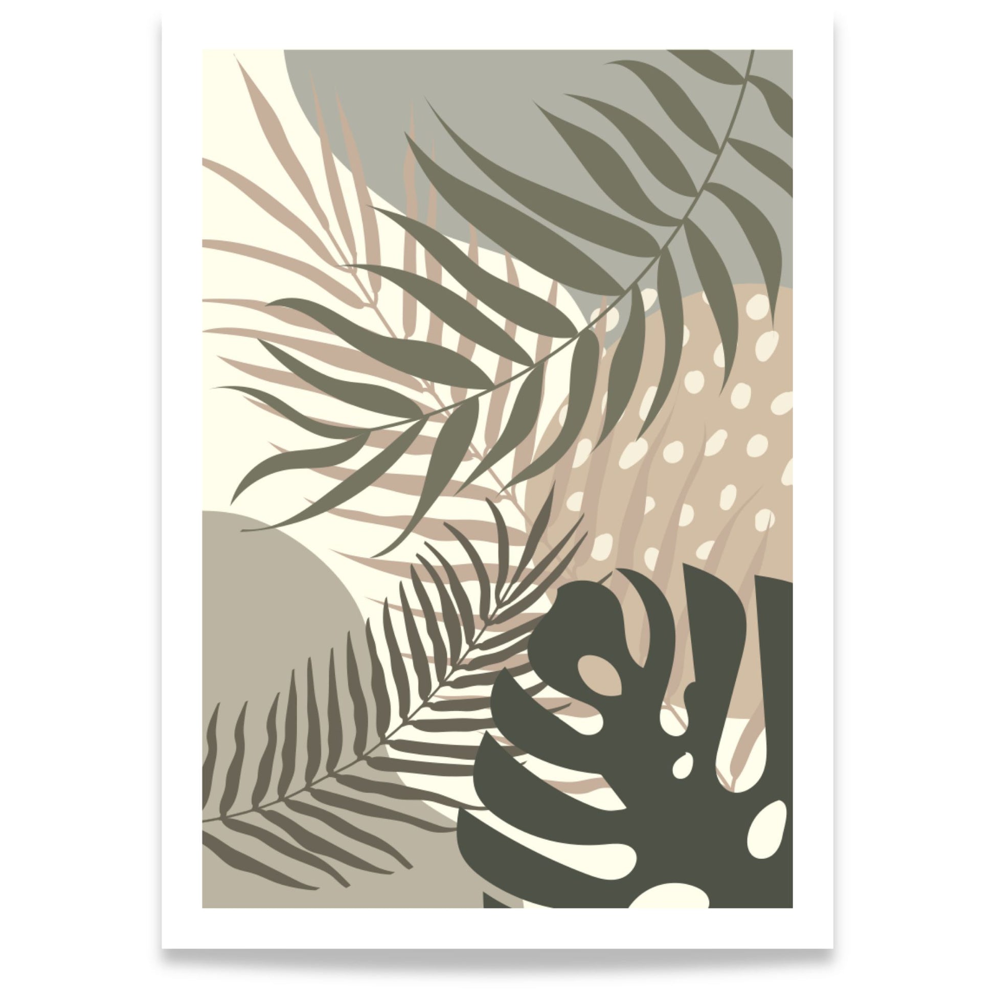 Palm Whisper grafisk plakat med tropiske blader i grønne og beige naturtoner