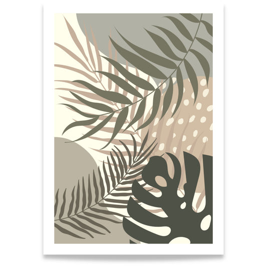 Palm Whisper grafisk plakat med tropiske blader i grønne og beige naturtoner