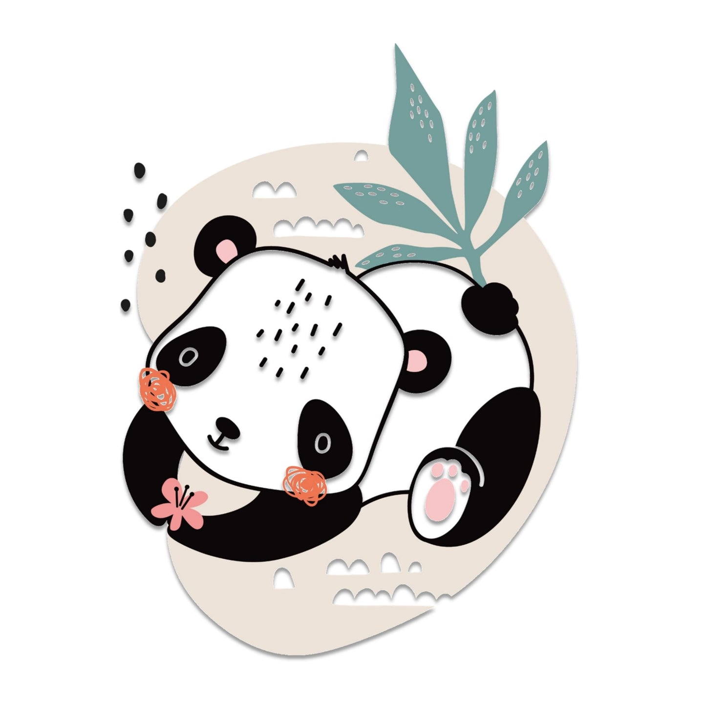 Panda barneplakat med søtt dyremotiv omgitt av blader