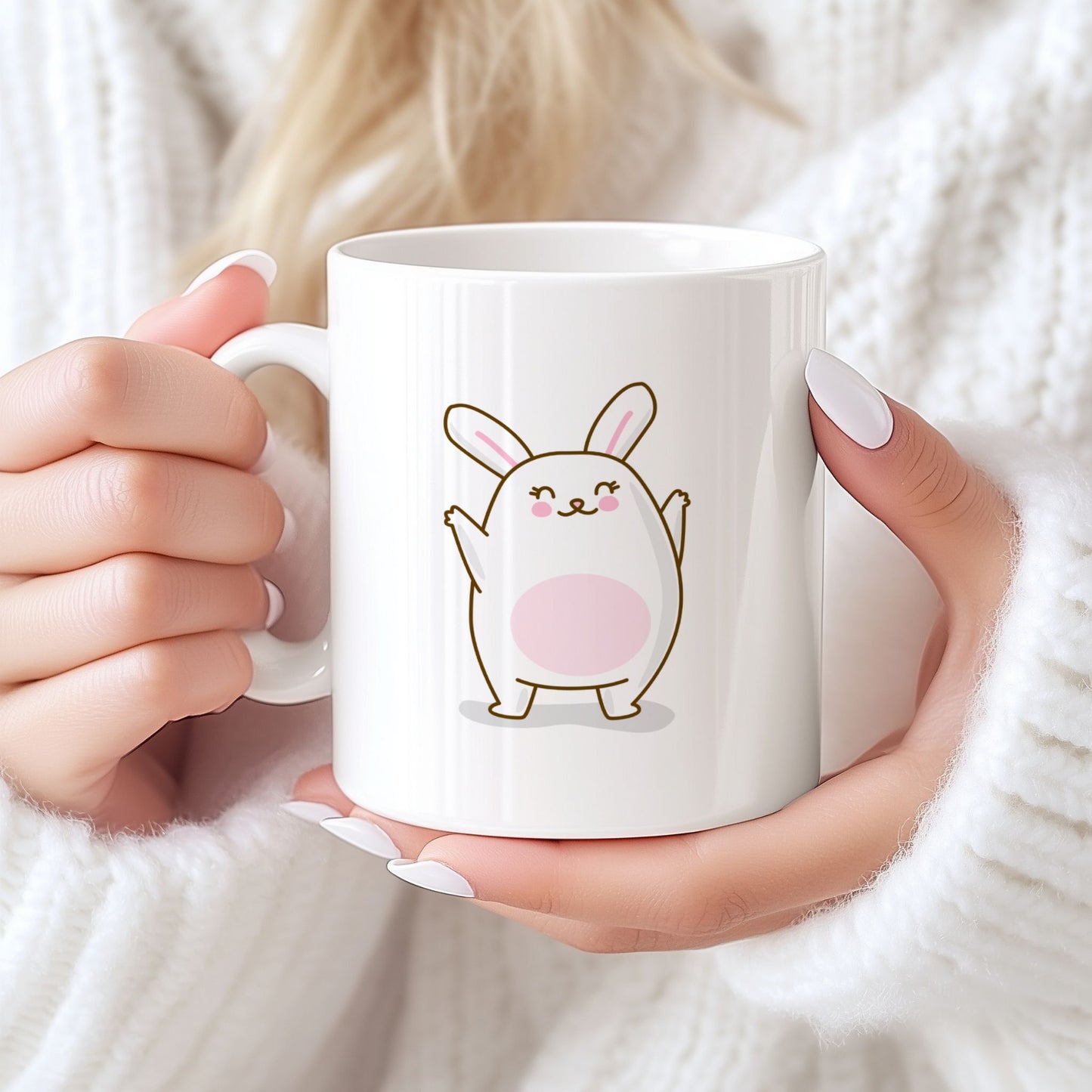 Hvitt keramikkrus med glad påskehare med løftede armer og teksten God påske på motsatt side. Person holder kruset.