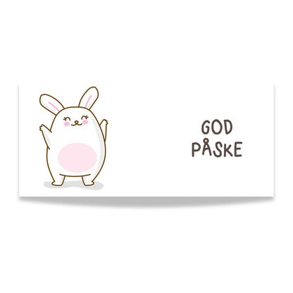 Hvitt keramikkrus med glad påskehare med løftede armer og teksten God påske på motsatt side. Illustrasjon av design.