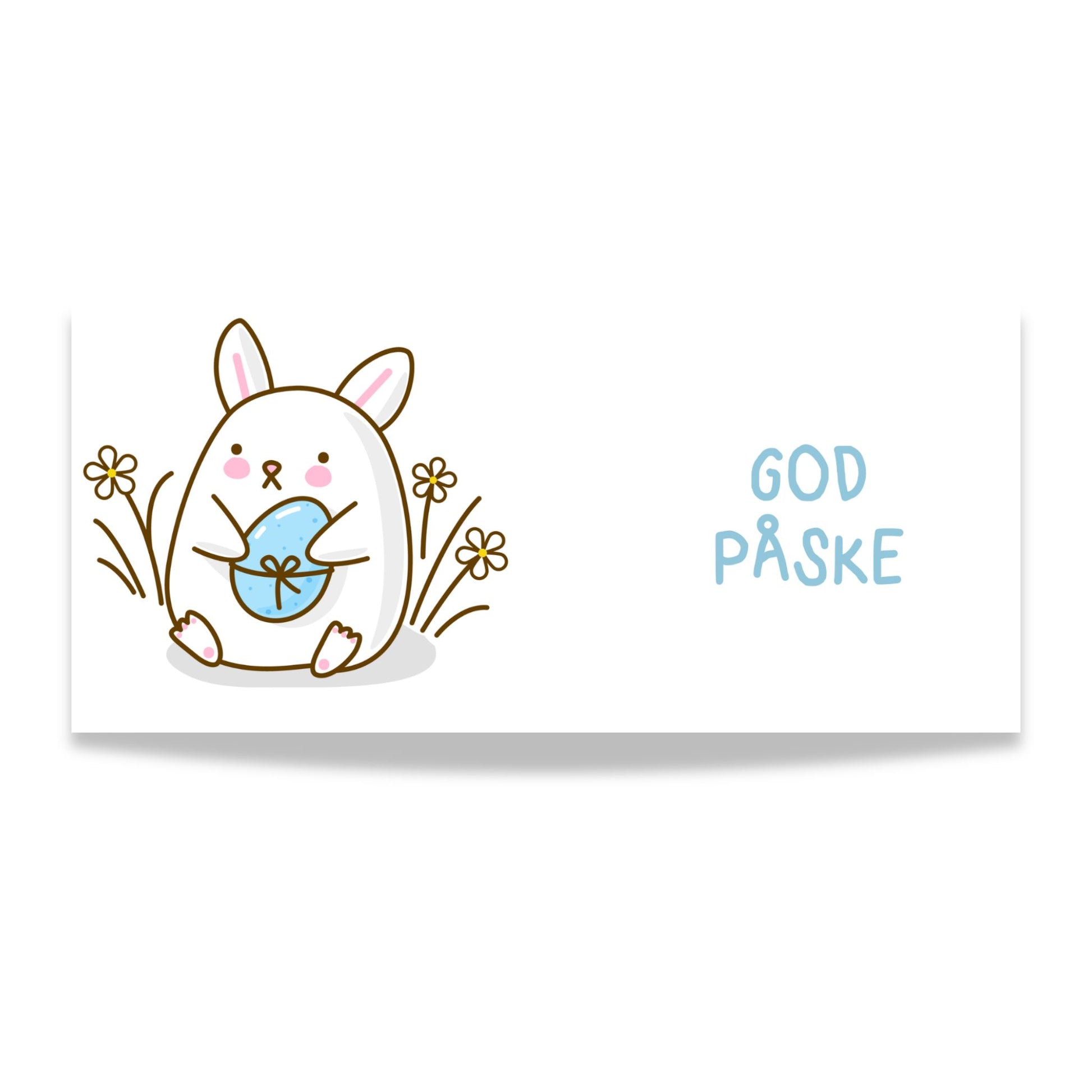 Hvitt keramikkrus med søt påskehare som holder lyseblått påskeegg og teksten God påske i blå tone på motsatt side. Illustrasjon av design.