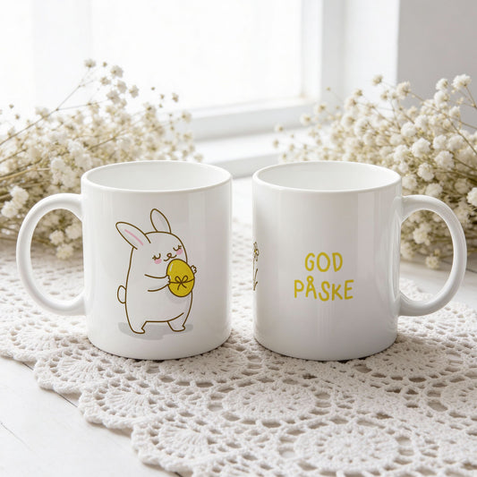 Hvitt keramikkrus med søt påskehare som holder gult påskeegg og teksten God påske i gul tone på motsatt side.