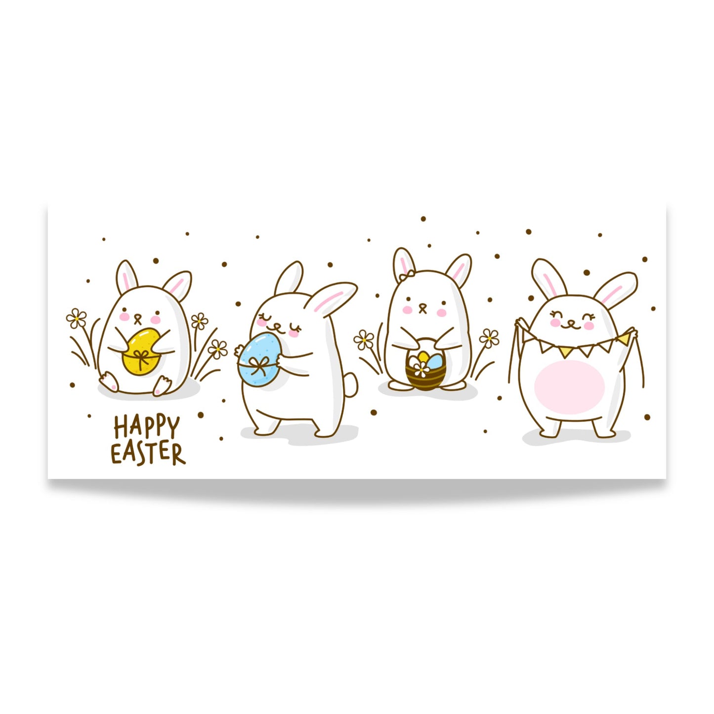 Hvitt keramikkrus med søte påskeharer og teksten Happy Easter i myke pastellfarger. Illlustrasjon av motiv.