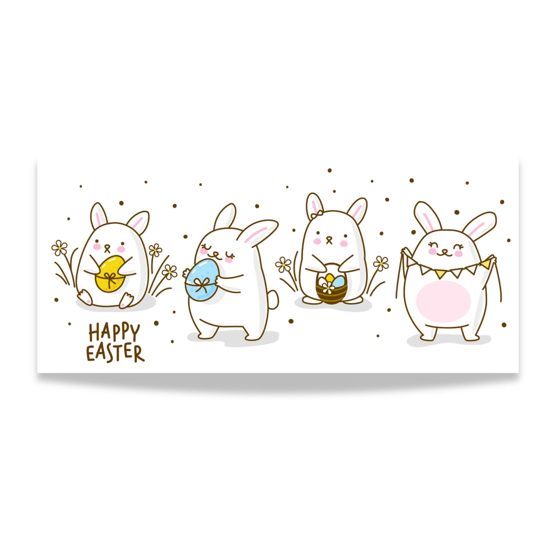 Hvitt keramikkrus med søte påskeharer og teksten Happy Easter i myke pastellfarger. Illlustrasjon av motiv.