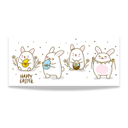 Hvitt keramikkrus med søte påskeharer og teksten Happy Easter i myke pastellfarger. Illlustrasjon av motiv.