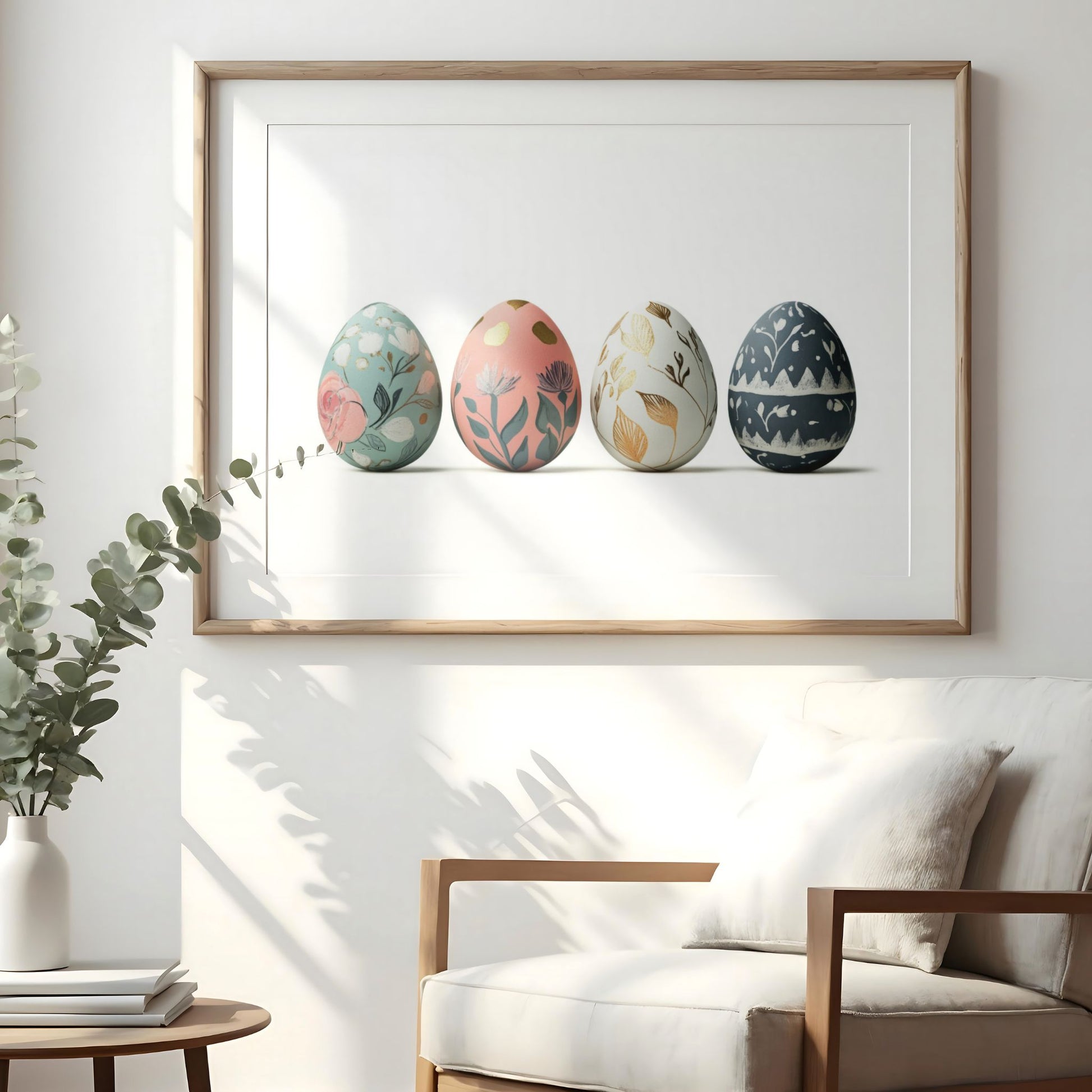 Påskeplakat i pastell med botaniske egg hengende på vegg i nordisk stue