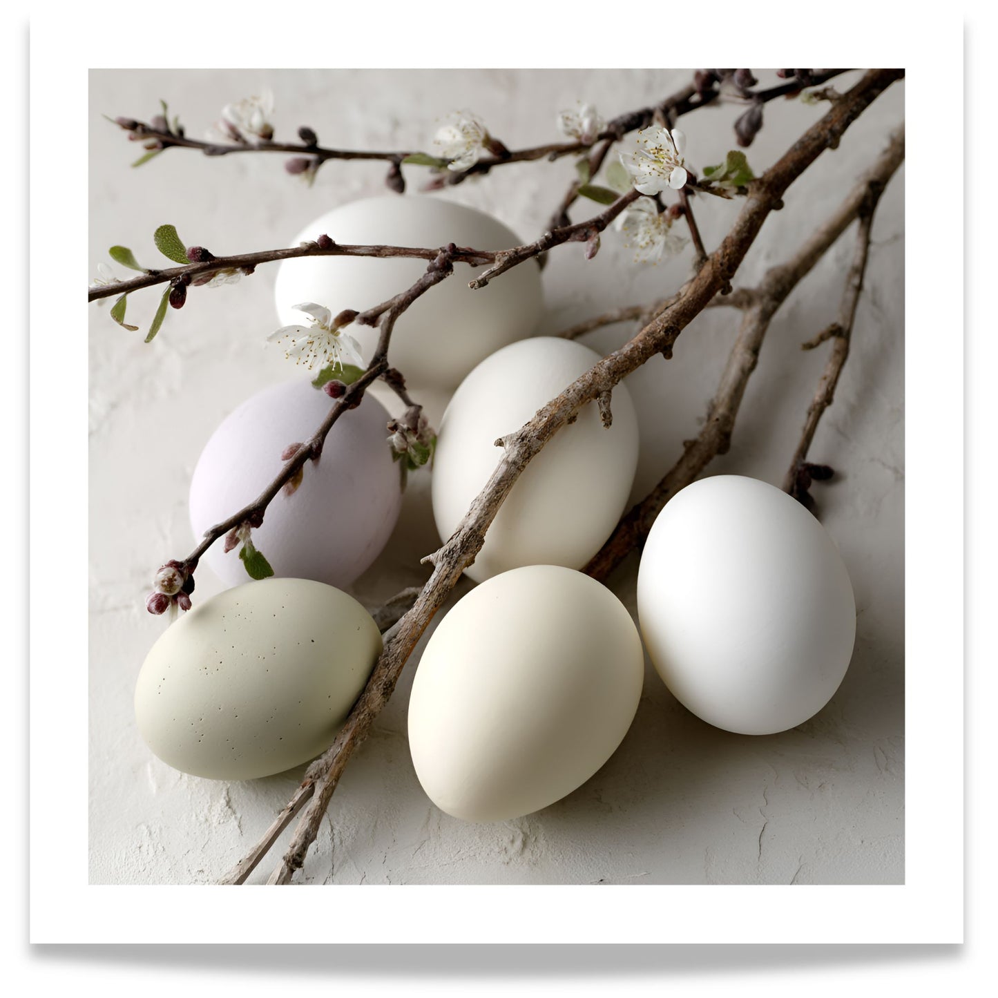 Kvadratisk påskeplakat med pastellfargede egg og blomstrende kvister