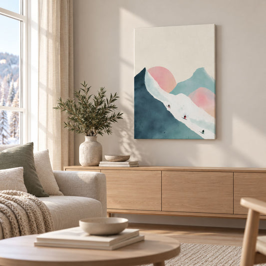 Pastel Ski Slopes på lerret over en skjenk i lys skandinavisk stue med beige sofa og naturmaterialer.