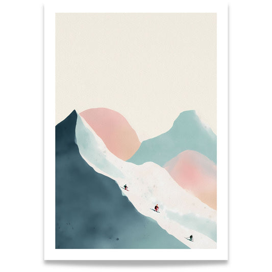 Pastel Ski Slopes vinterplakat med tre skiløpere i snødekte fjell i blågrønne og rosa pastelltoner.