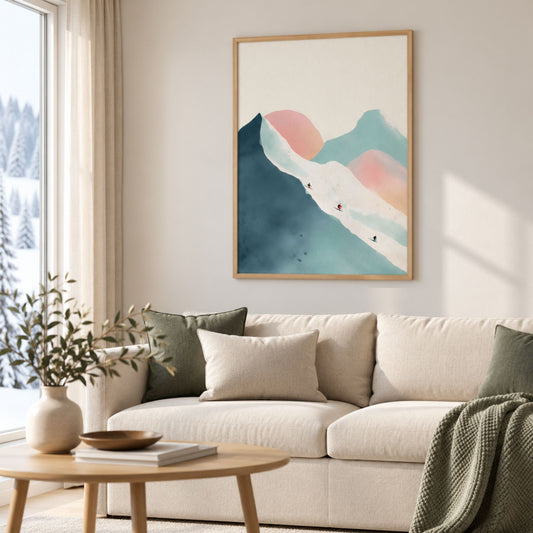 Pastel Ski Slopes vinterplakat i lys treramme over beige sofa i skandinavisk stu