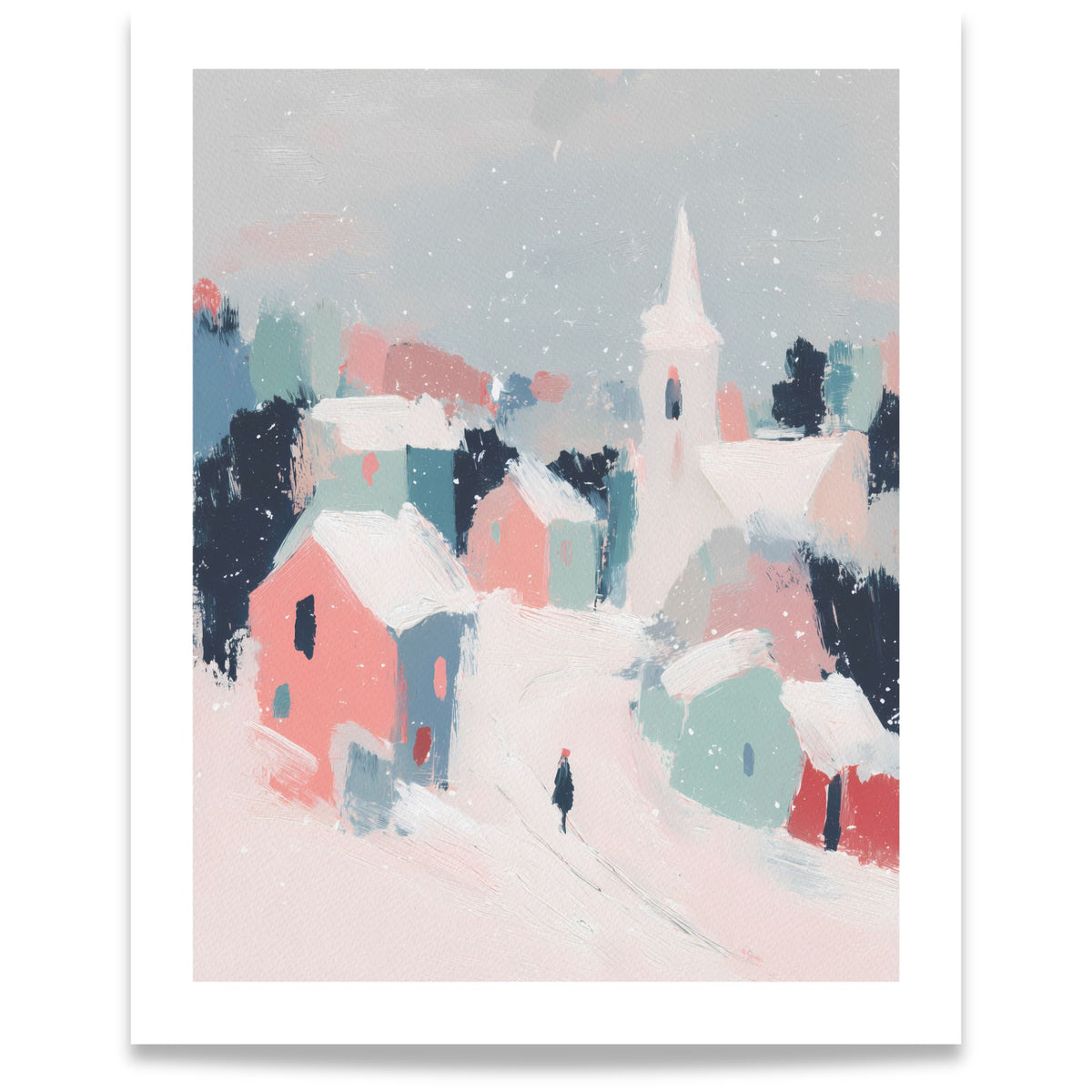 Pastel Winter Village vinterplakat med snødekt landsby, rosa og blågrønne hus, kirketårn og en person i snøen. Format 40x50.