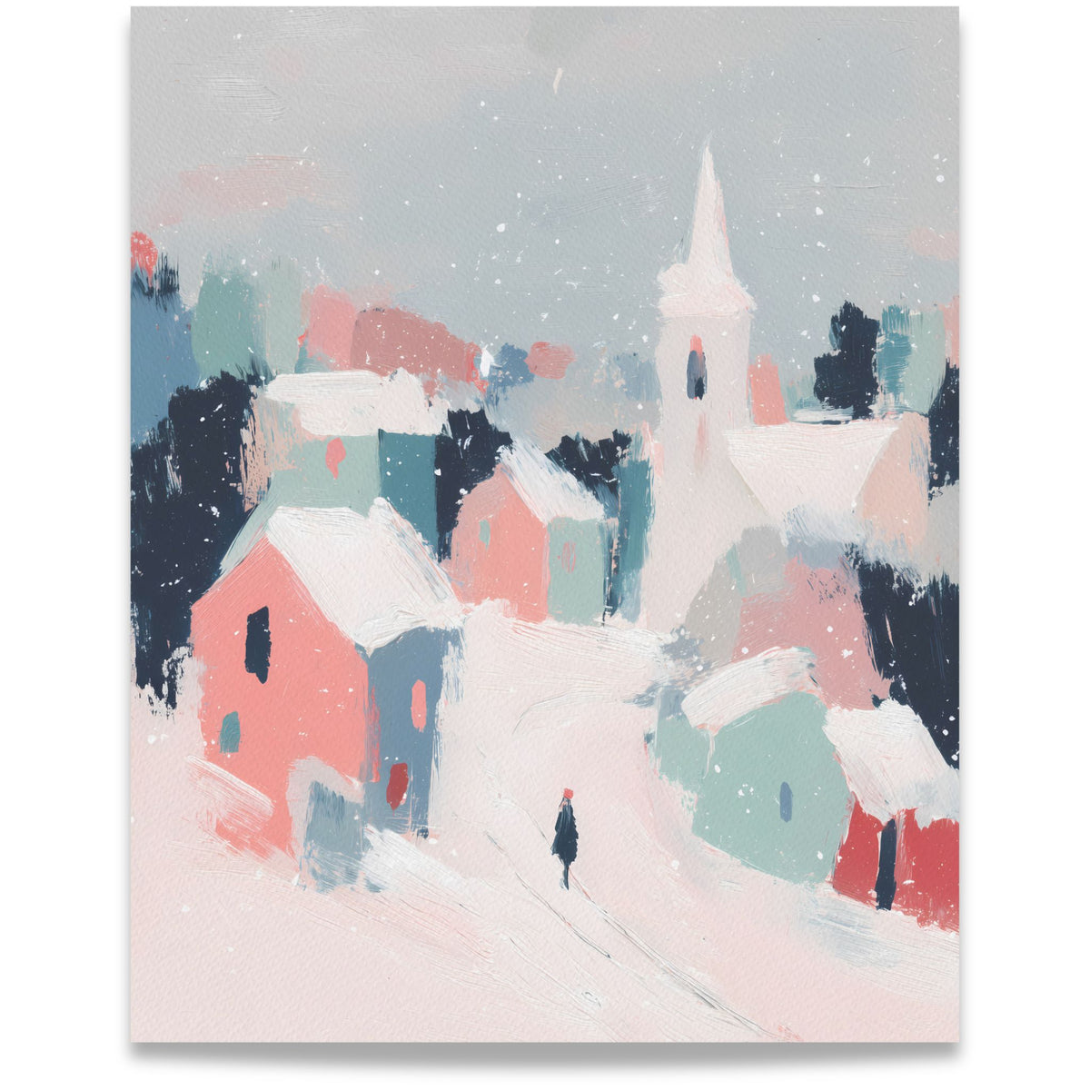 Pastel Winter Village lerret med snødekt landsby i rosa og blågrønne pastellfarger. Format 40x50.