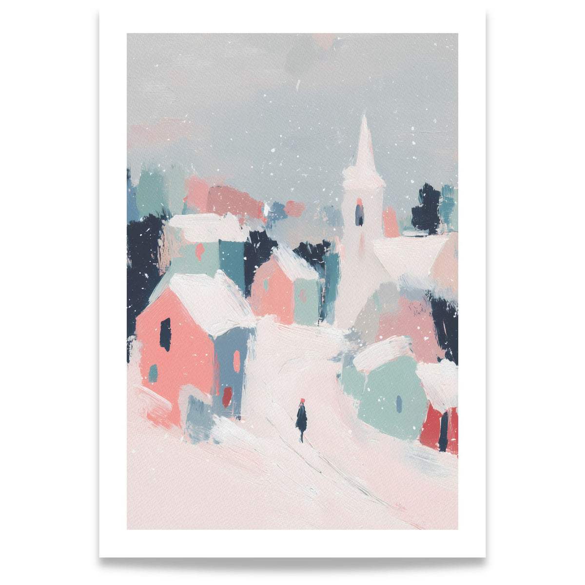 Pastel Winter Village vinterplakat med snødekt landsby, rosa og blågrønne hus, kirketårn og en person i snøen. Format 70x100.