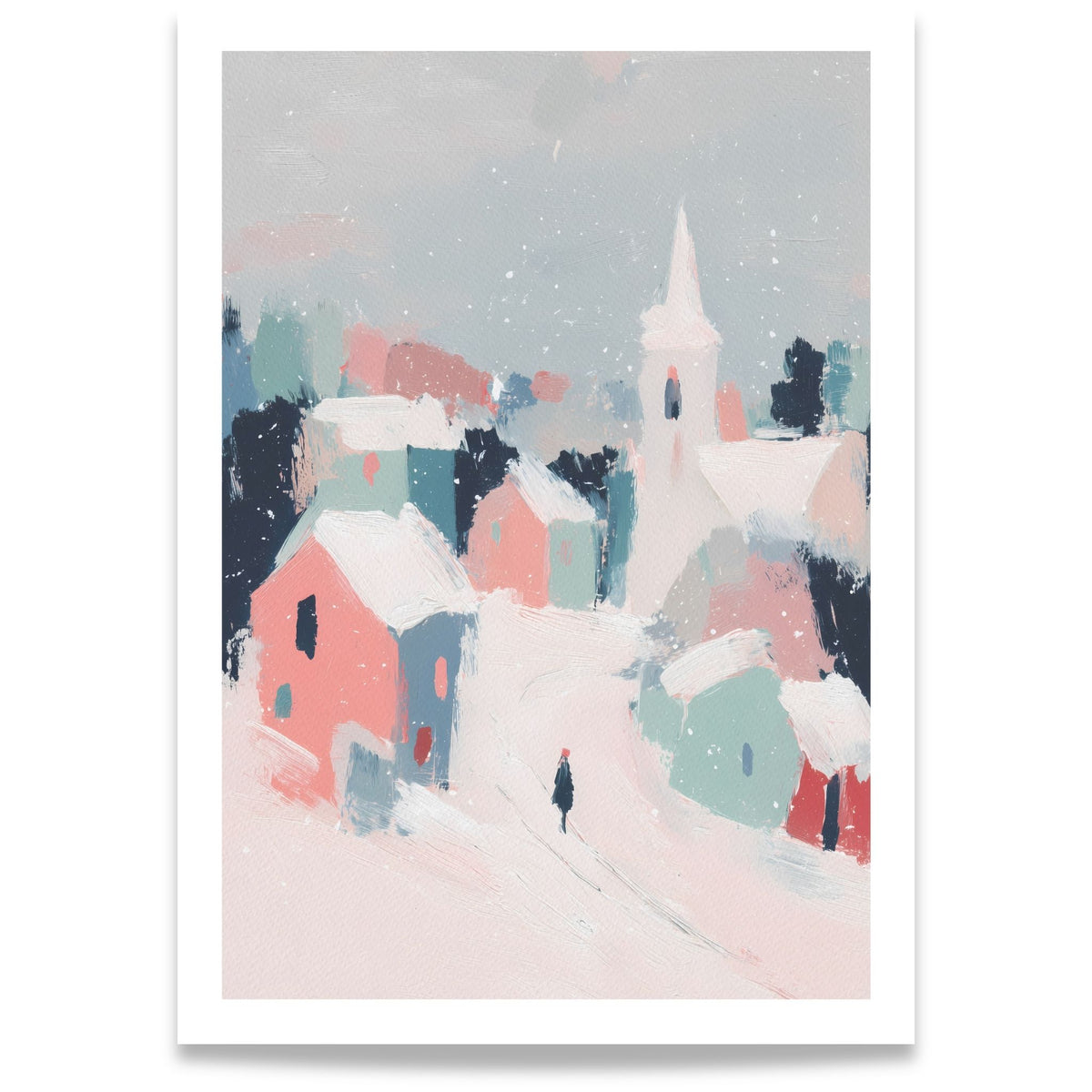 Pastel Winter Village vinterplakat med snødekt landsby, rosa og blågrønne hus, kirketårn og en person i snøen.