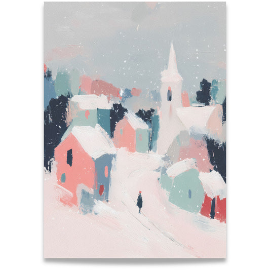 Pastel Winter Village lerret med snødekt landsby i rosa og blågrønne pastellfarger