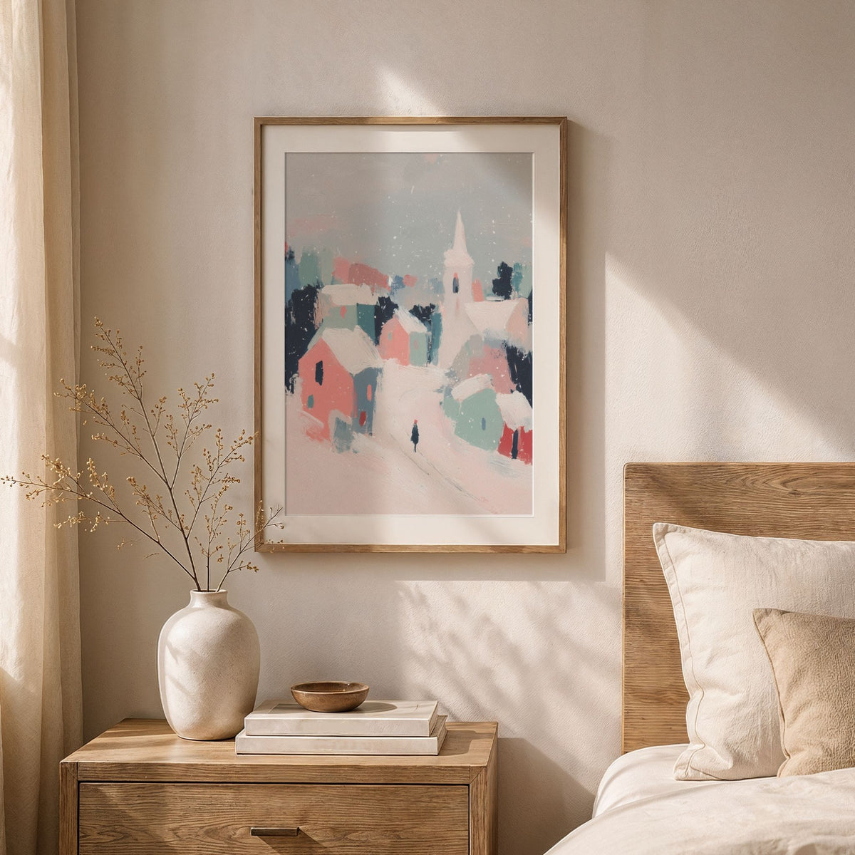 Vinterplakat med pastellfarget landsby, hvit kant og eikeramme over nattbord i lyst soverom.