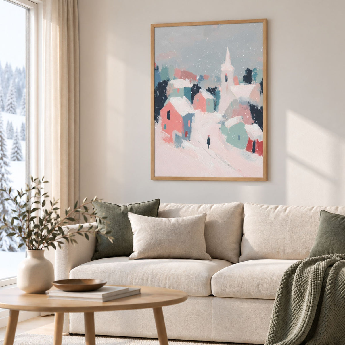 Pastel Winter Village plakat i eikeramme over lys sofa i skandinavisk stue med grønne puter.