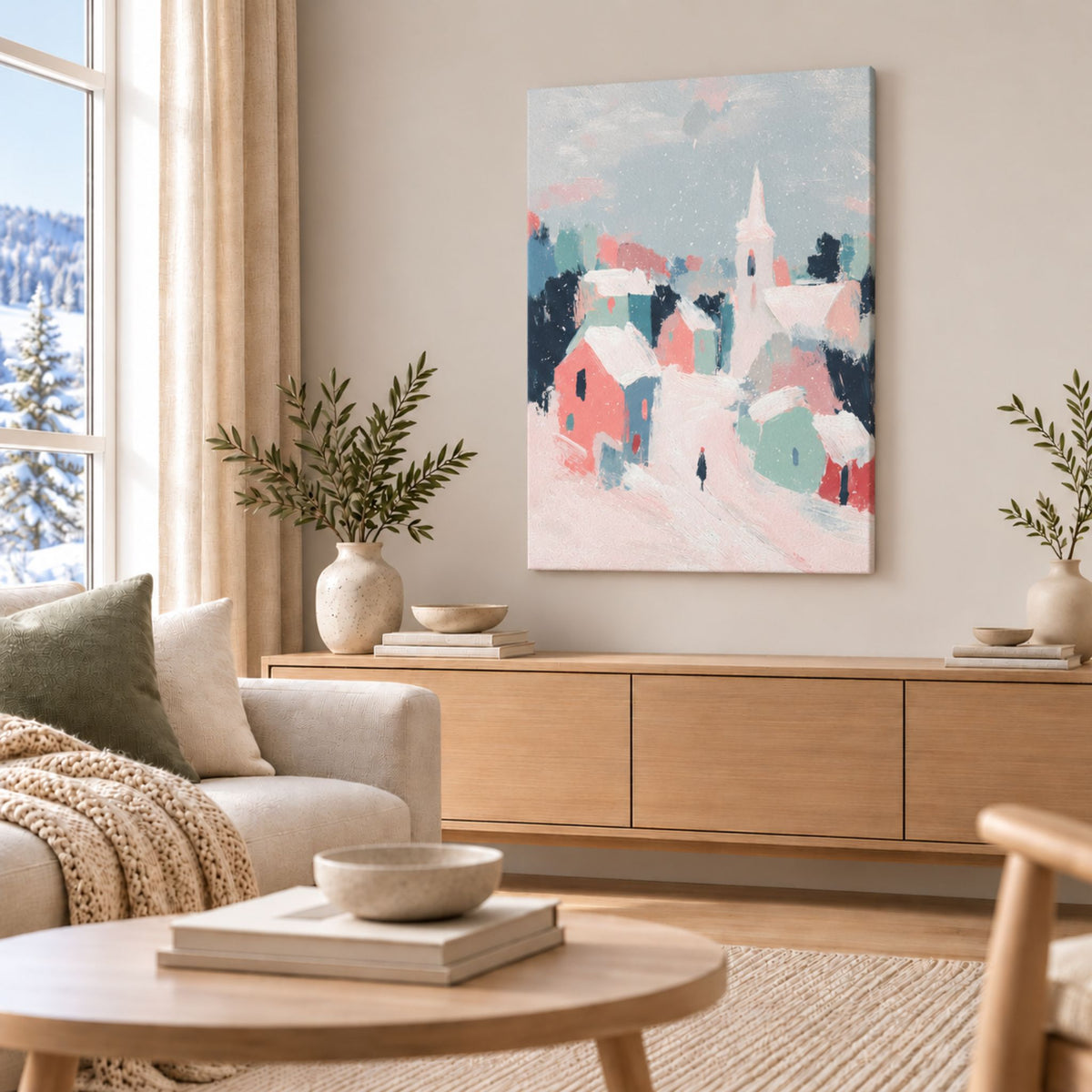 Pastel Winter Village lerret på veggen over en skjenk i lys skandinavisk stue