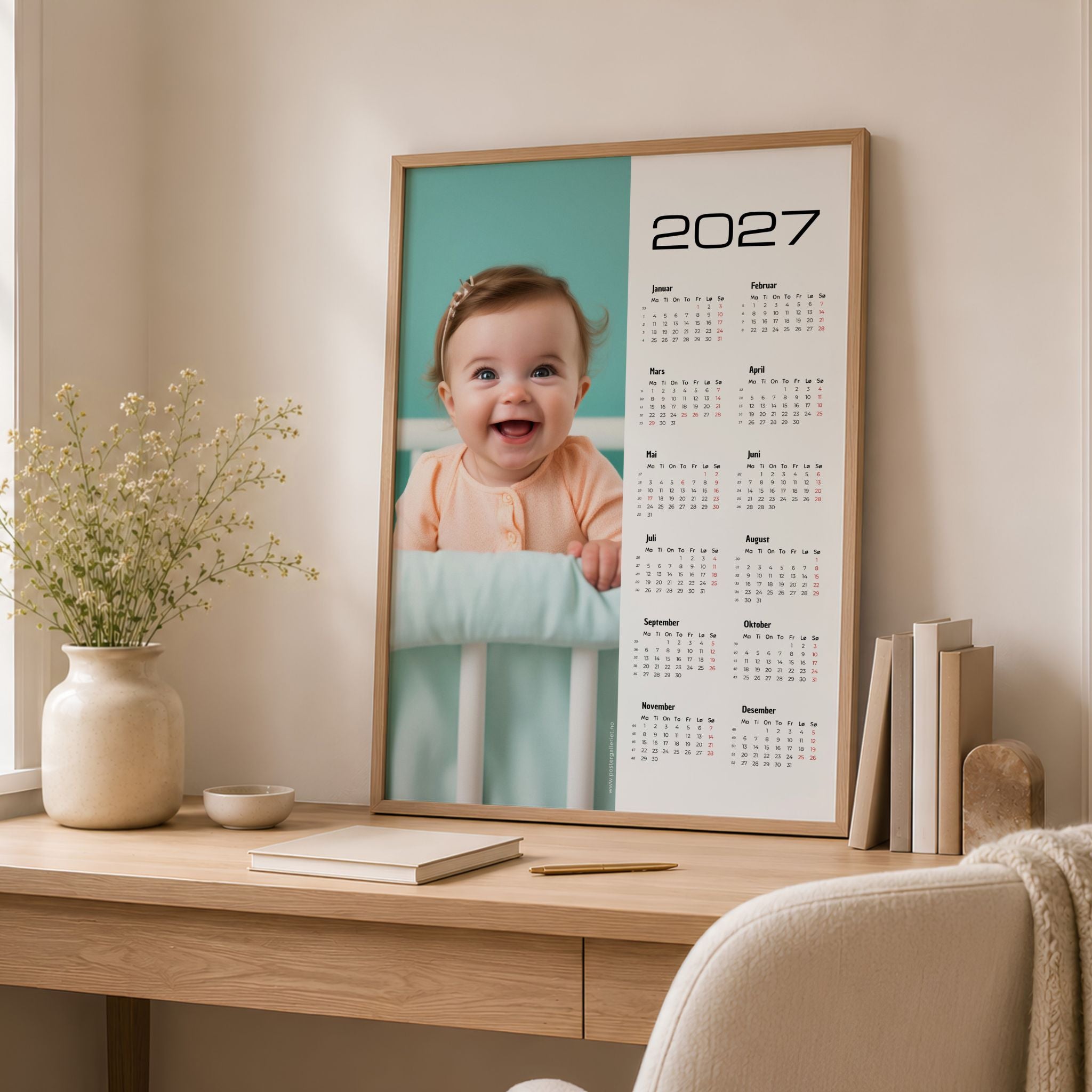 Personlig kalender 2027 med eget bilde av barn, vist innrammet på skrivebord