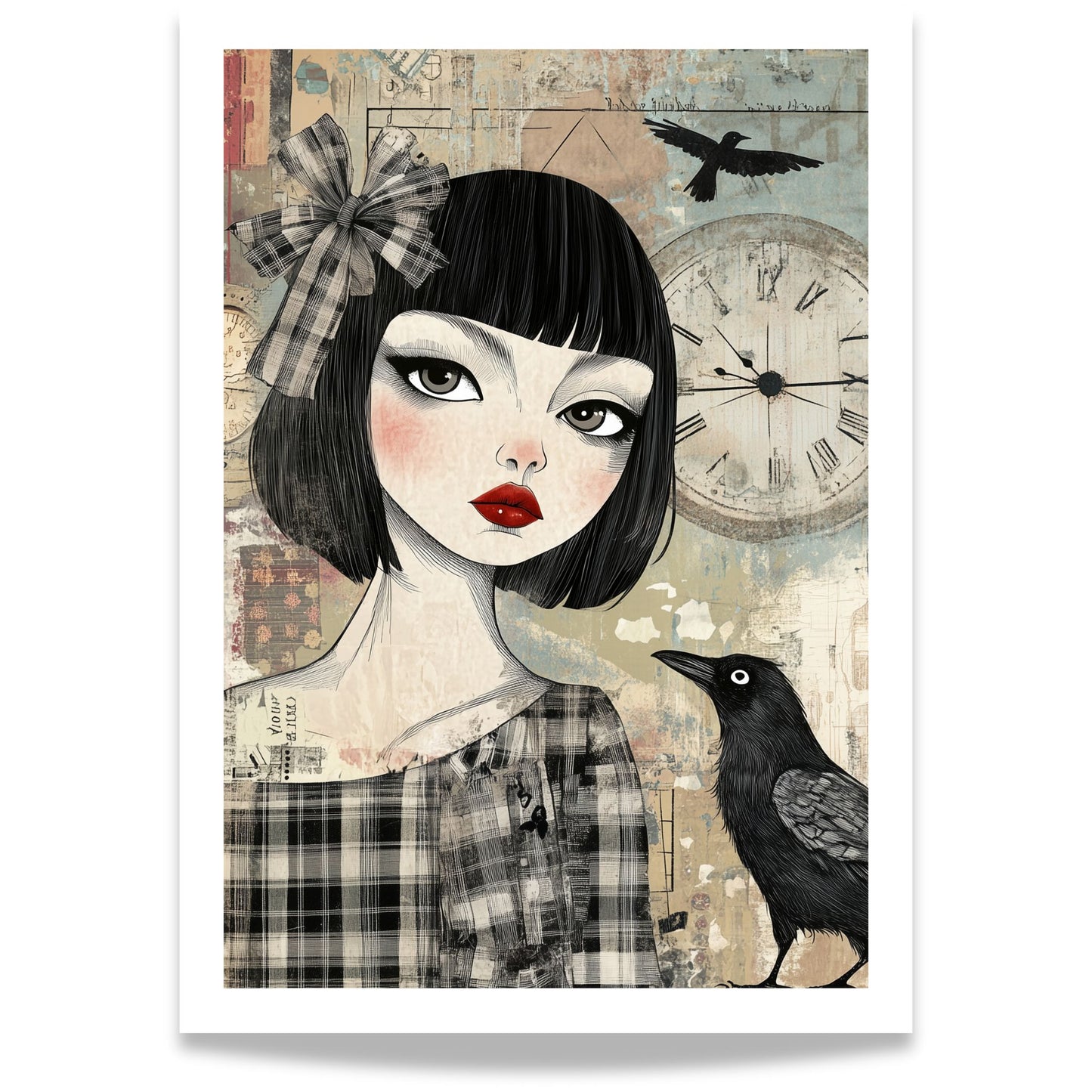 Grafisk kunstplakat av kvinne med mørkt hår og rød leppestift, ved siden av en ravn og en stor klokke i bakgrunnen – vintageinspirert portrett i collage-stil.