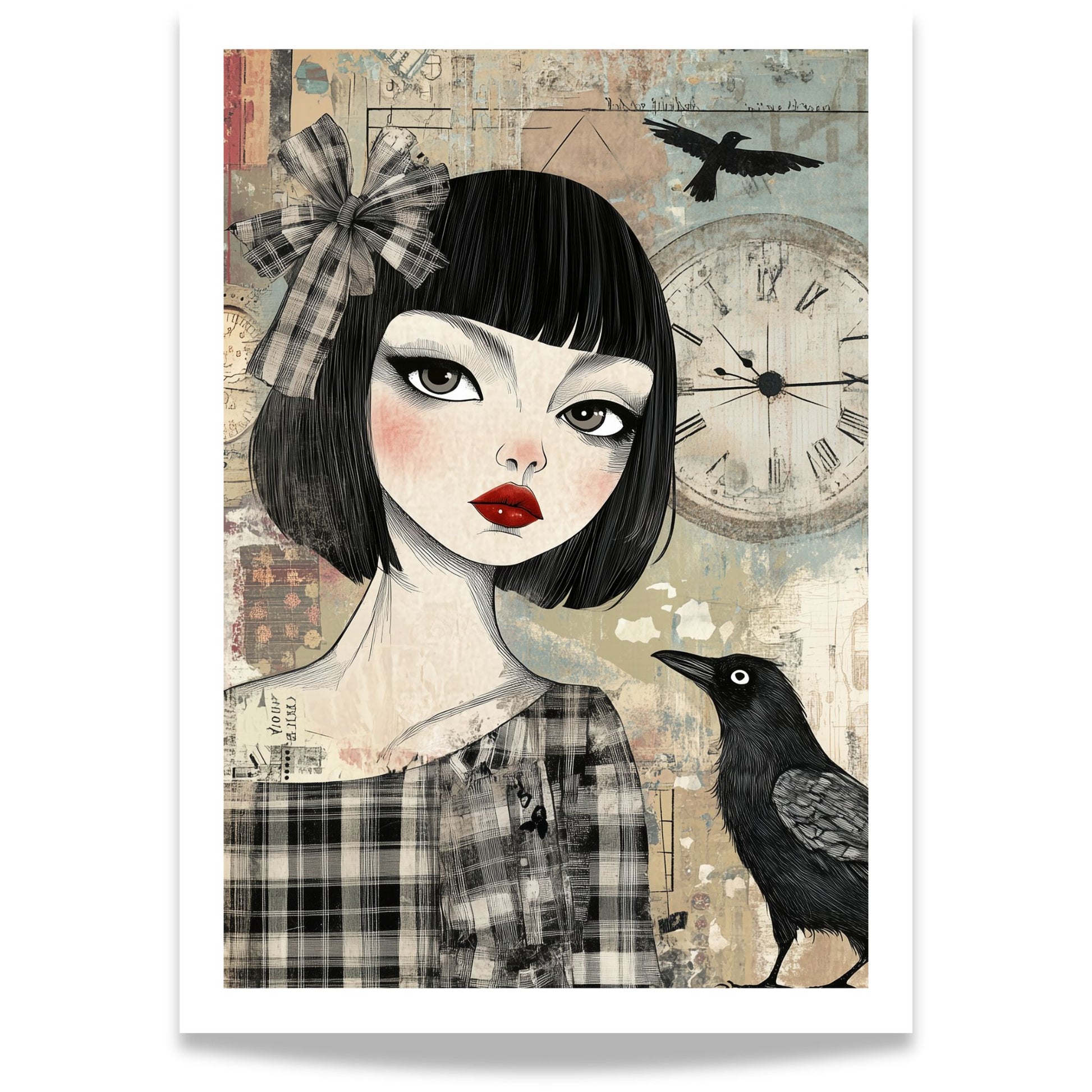 Grafisk kunstplakat av kvinne med mørkt hår og rød leppestift, ved siden av en ravn og en stor klokke i bakgrunnen – vintageinspirert portrett i collage-stil.