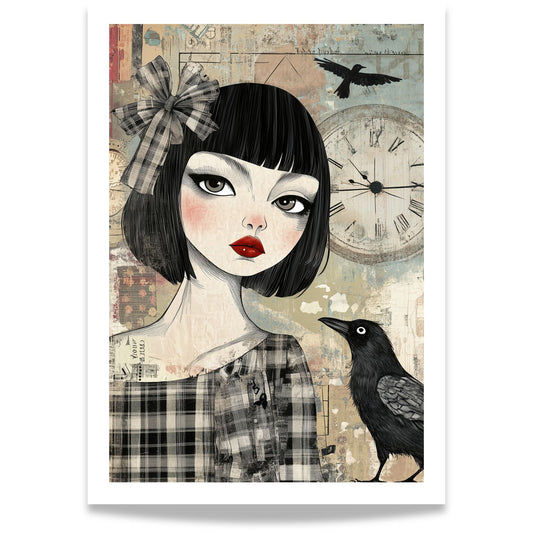 Grafisk kunstplakat av kvinne med mørkt hår og rød leppestift, ved siden av en ravn og en stor klokke i bakgrunnen – vintageinspirert portrett i collage-stil.