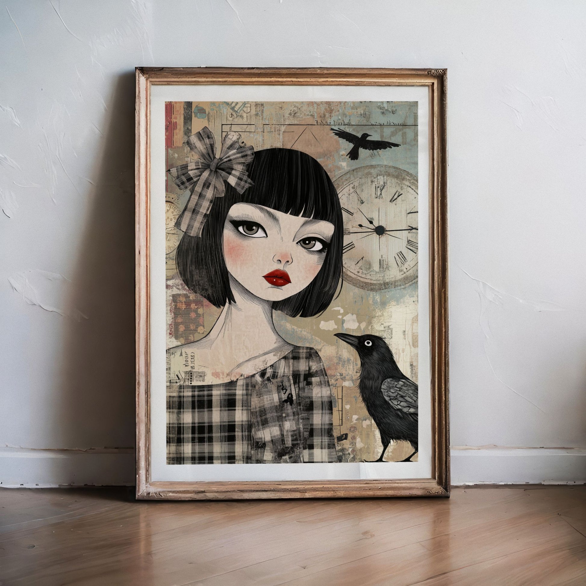 Grafisk kunstplakat av kvinne med mørkt hår og rød leppestift, ved siden av en ravn og en stor klokke i bakgrunnen – vintageinspirert portrett i collage-stil. Illistrasjon viser plakat med hvit kant i eik ramme.