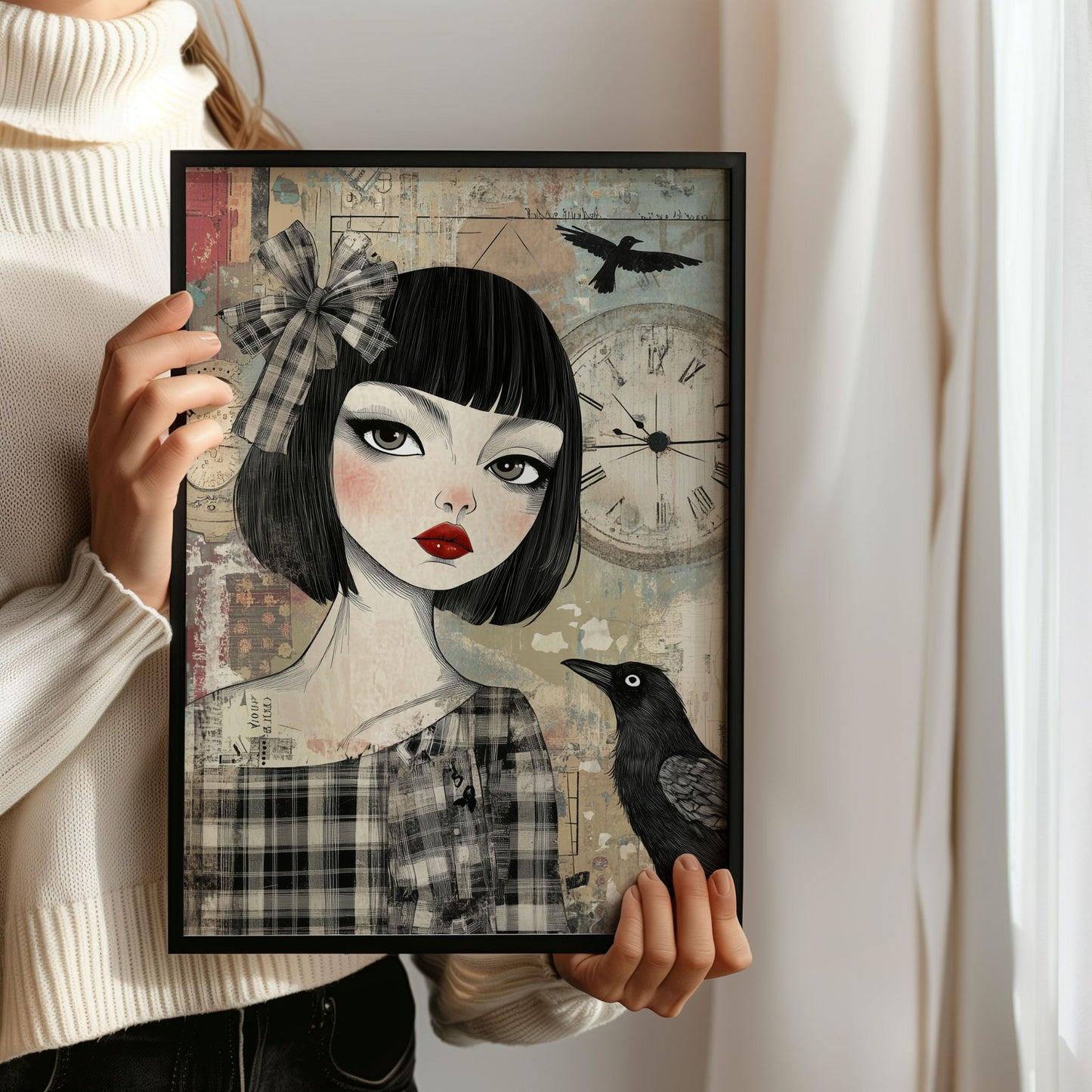 Grafisk kunstplakat av kvinne med mørkt hår og rød leppestift, ved siden av en ravn og en stor klokke i bakgrunnen – vintageinspirert portrett i collage-stil. Illistrasjon viser plakat uten hvit kant i sort ramme.