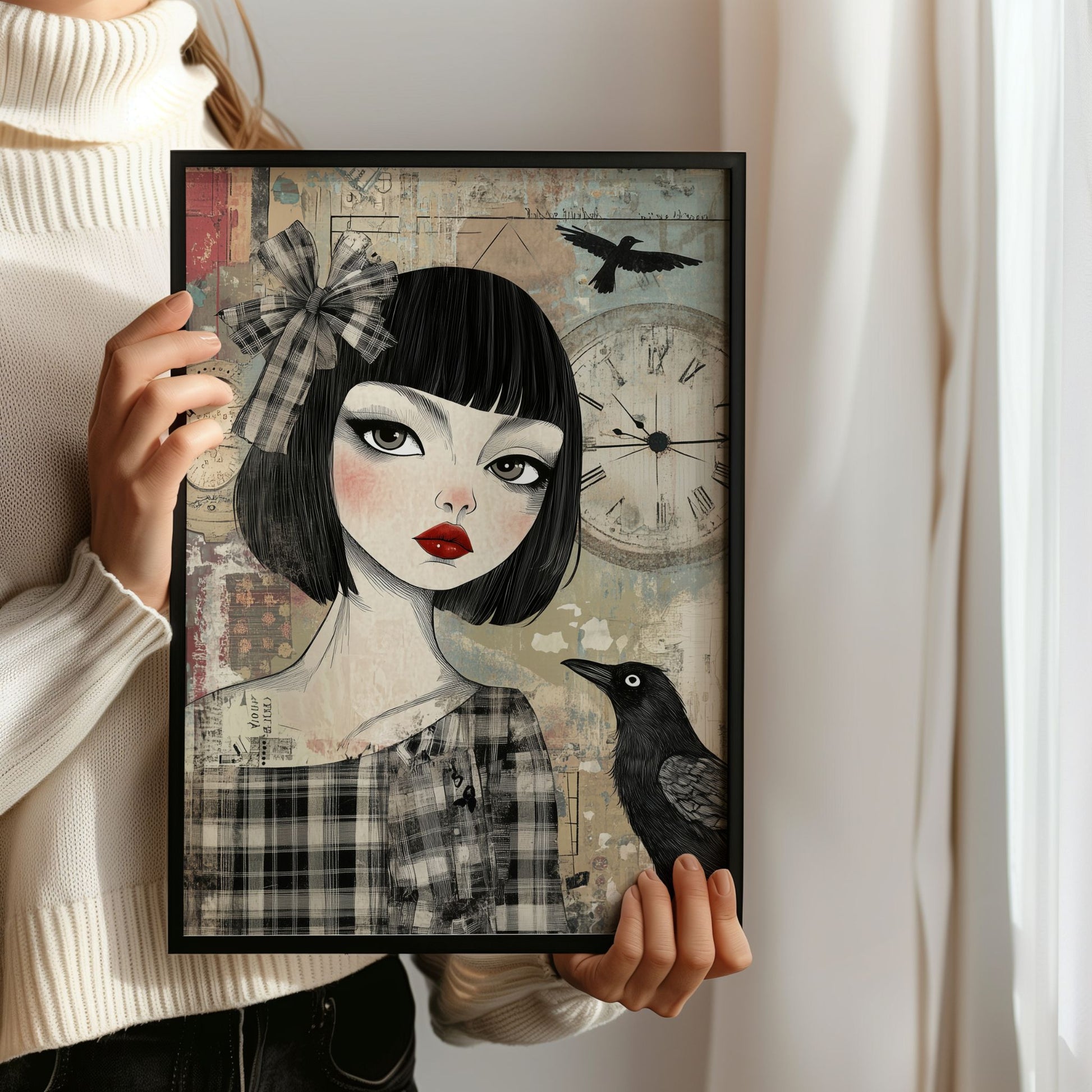 Grafisk kunstplakat av kvinne med mørkt hår og rød leppestift, ved siden av en ravn og en stor klokke i bakgrunnen – vintageinspirert portrett i collage-stil. Illistrasjon viser plakat uten hvit kant i sort ramme.