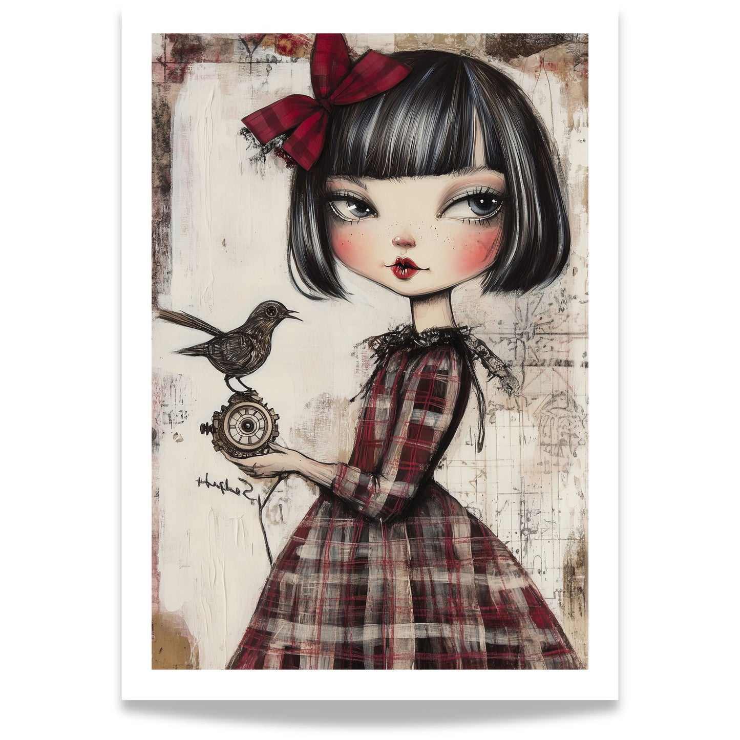 Grafisk kunstplakat av jente i rutete rød kjole som holder en liten spurv – vintageinspirert motiv i varme toner.