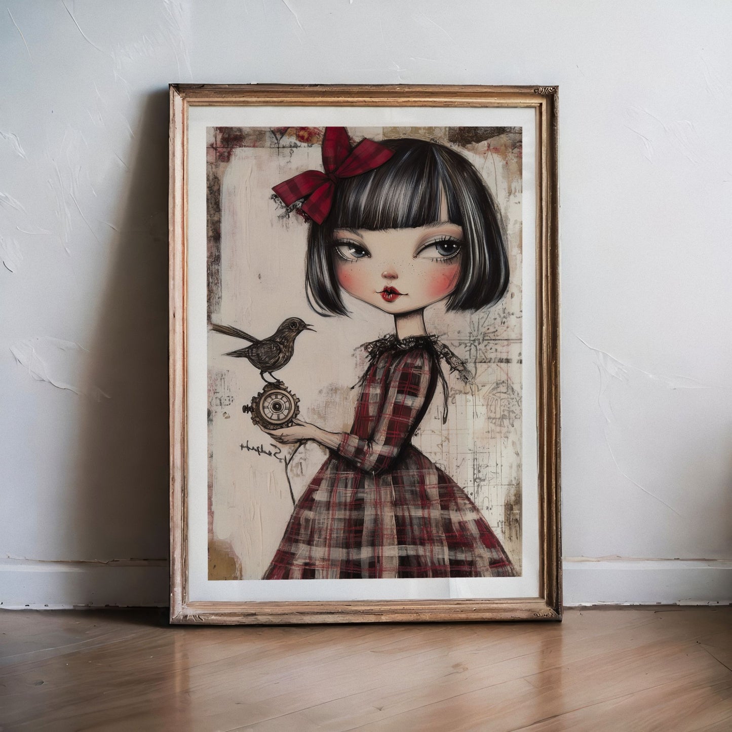 Grafisk kunstplakat av jente i rutete rød kjole som holder en liten spurv – vintageinspirert motiv i varme toner. Illustrasjon viser plakat med hvit kan i eik ramme.