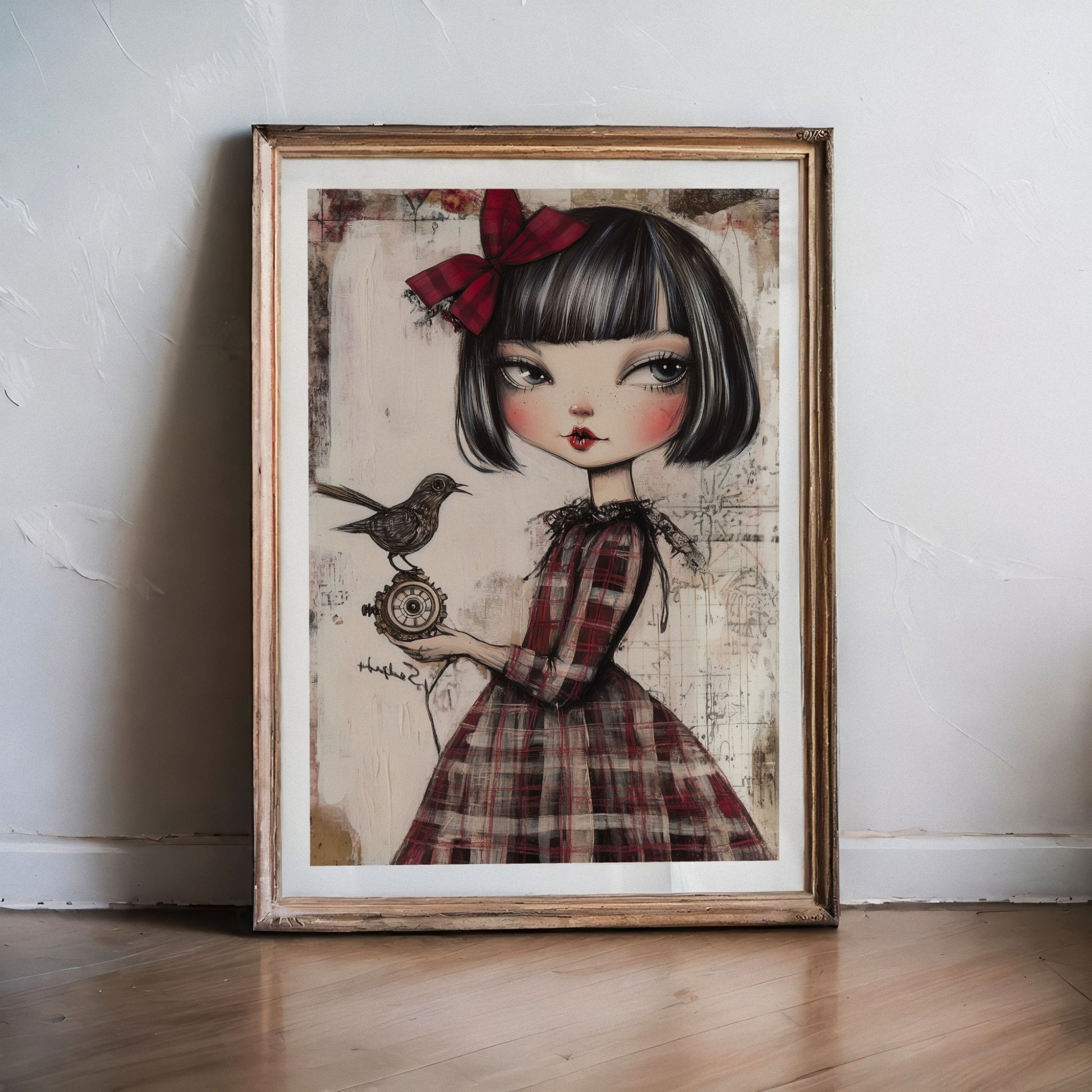 Grafisk kunstplakat av jente i rutete rød kjole som holder en liten spurv – vintageinspirert motiv i varme toner. Illustrasjon viser plakat med hvit kan i eik ramme.