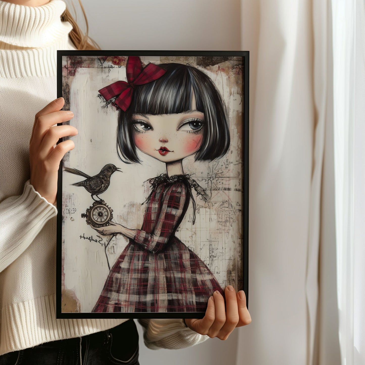 Grafisk kunstplakat av jente i rutete rød kjole som holder en liten spurv – vintageinspirert motiv i varme toner. Illustrasjon viser plakat uten hvit kant i sort ramme.