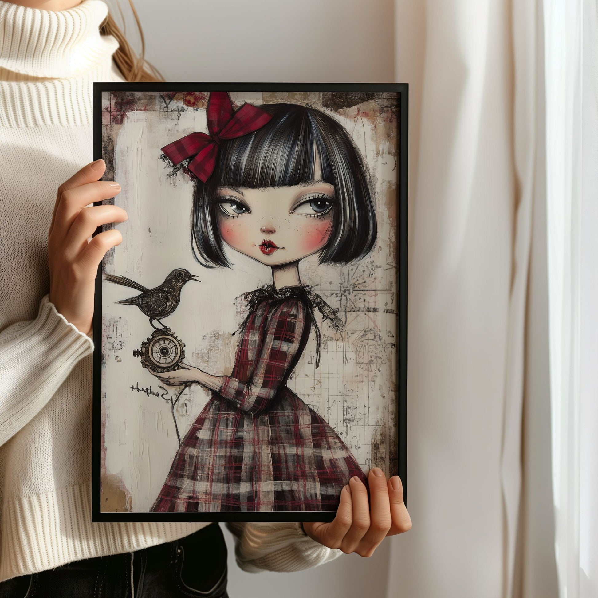 Grafisk kunstplakat av jente i rutete rød kjole som holder en liten spurv – vintageinspirert motiv i varme toner. Illustrasjon viser plakat uten hvit kant i sort ramme.