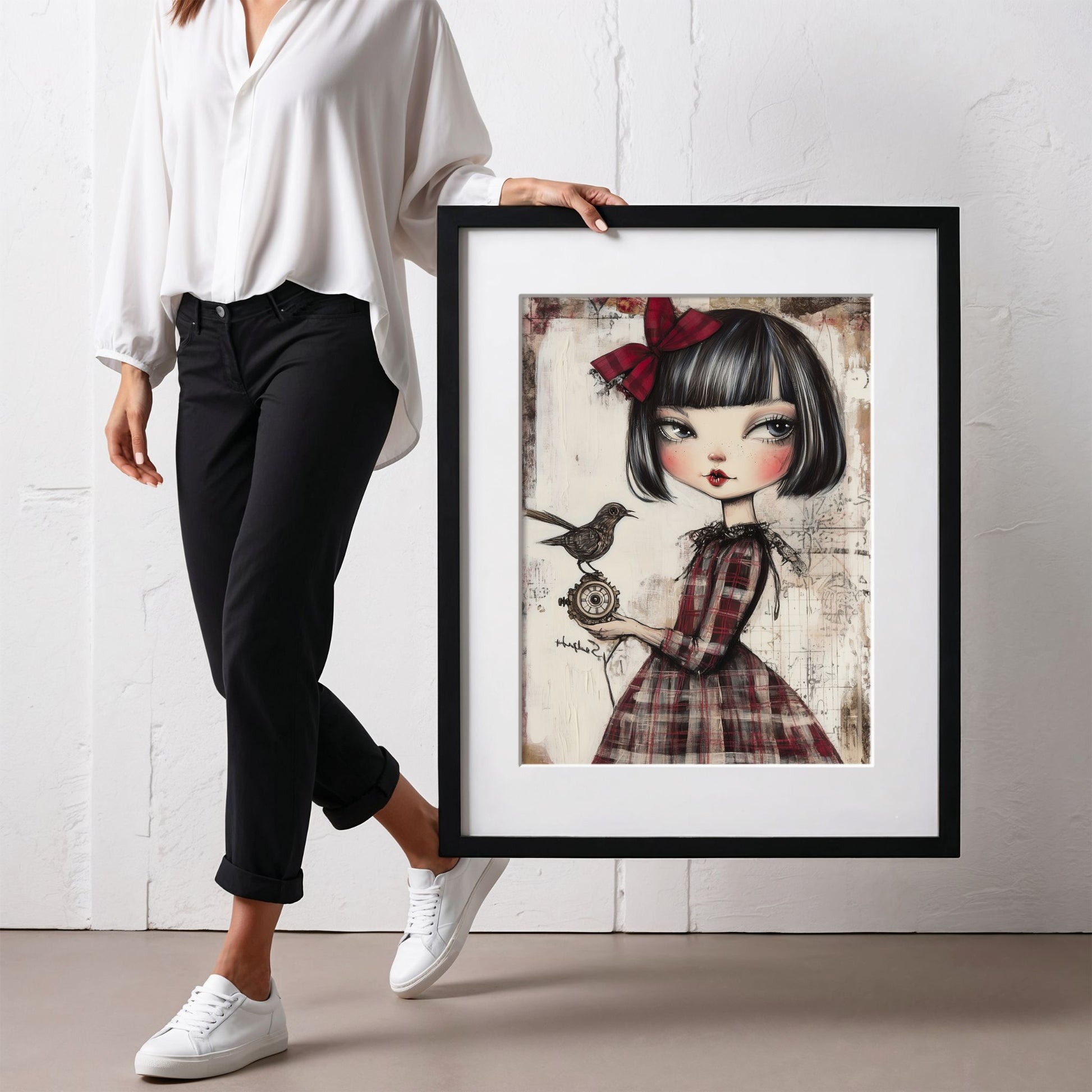 Grafisk kunstplakat av jente i rutete rød kjole som holder en liten spurv – vintageinspirert motiv i varme toner. Illustrasjon viser plakat med passepartout i sort ramme.