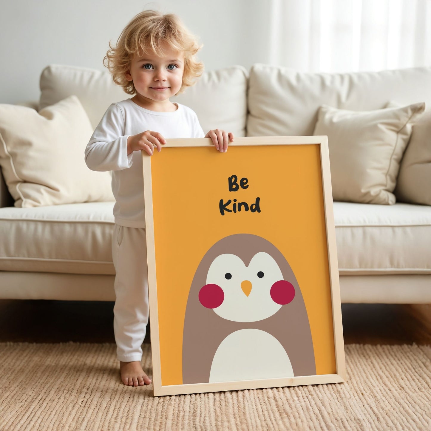 Barn holder pingvin plakat Be Kind som viser størrelse og uttrykk