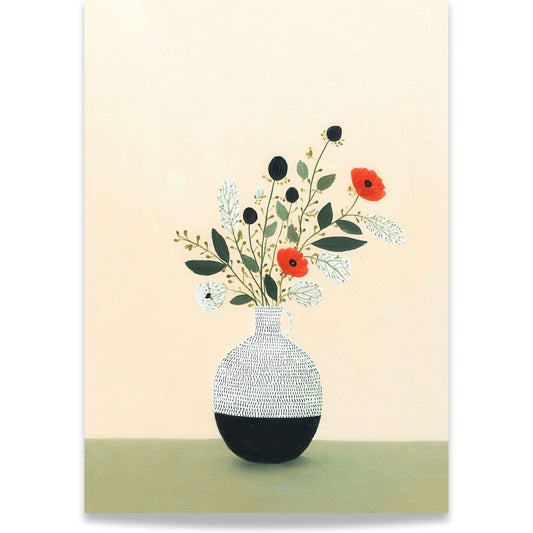 Botanisk stilleben med blomster i keramikkvase i rolige naturtoner.