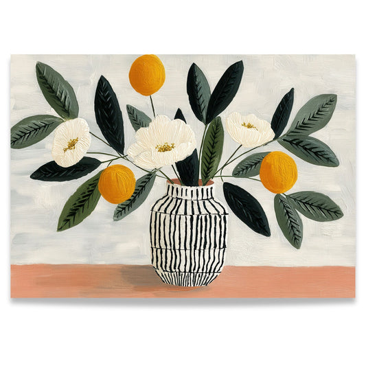 Botanisk plakat med blomster og grønne blader i mønstret vase, malt i rolige naturtoner med gule detaljer og moderne uttrykk.