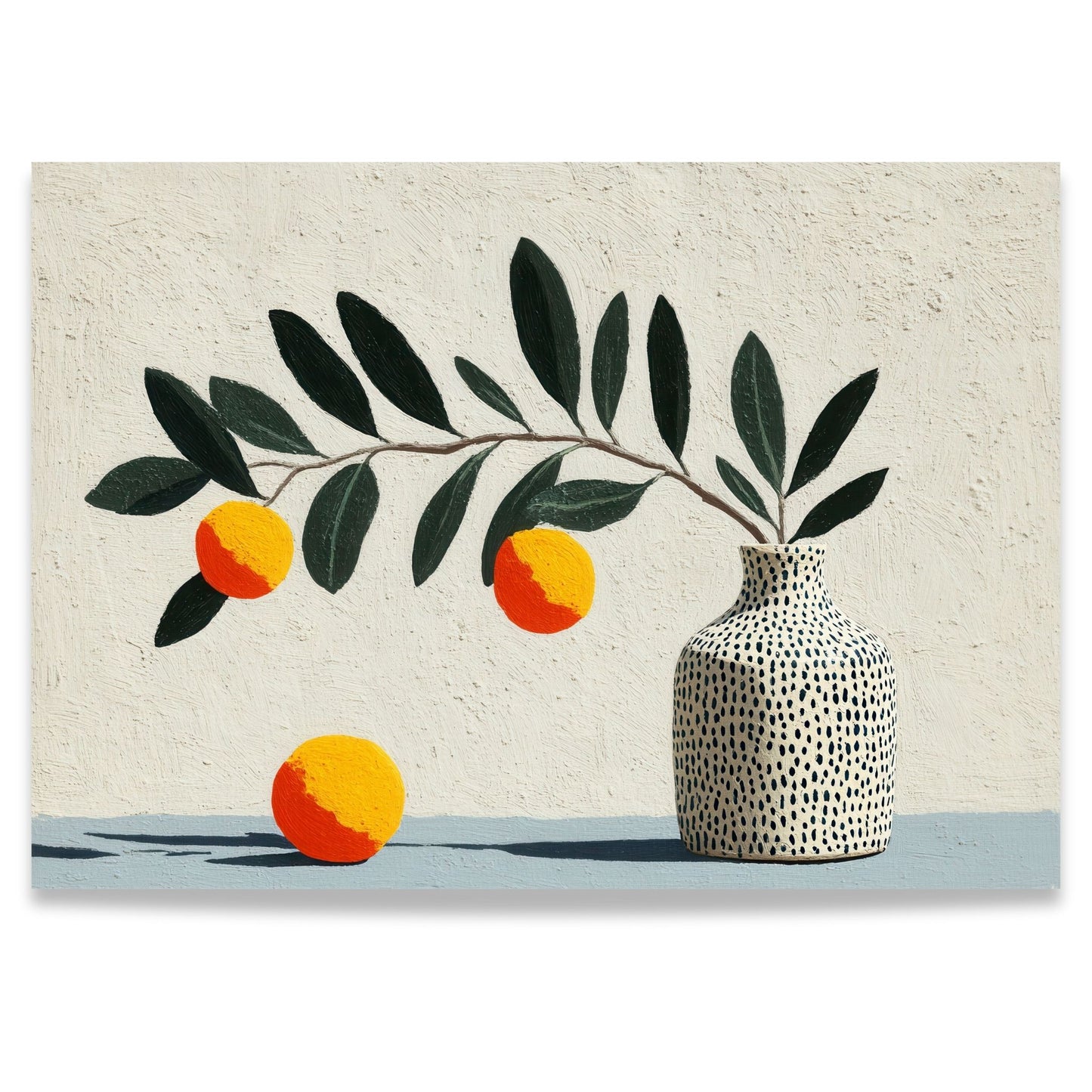Botanisk plakat med gren, grønne blader og sitrusfrukter i mønstret vase, malt i rolige naturtoner med moderne uttrykk.