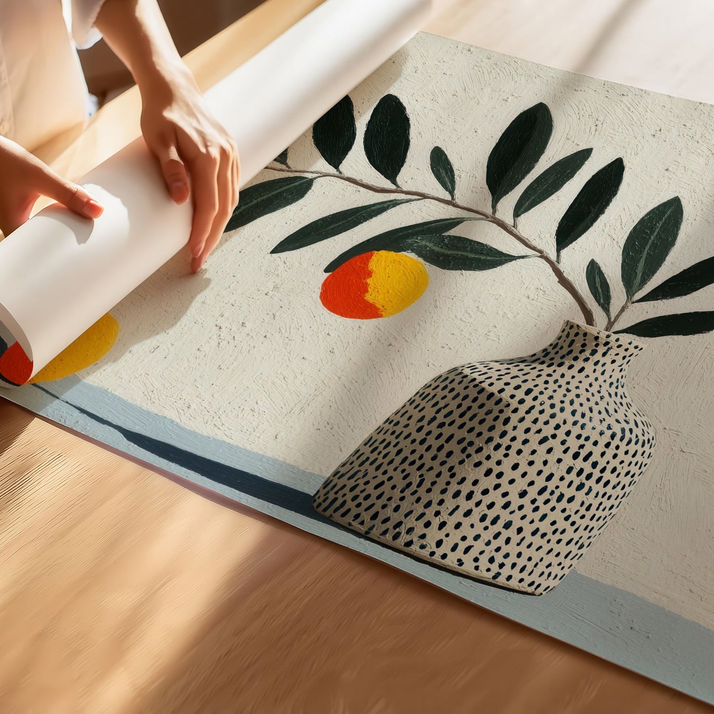 Detalj av botanisk plakat med gren, grønne blader og sitrusfrukter i mønstret vase, malt i rolige naturtoner med moderne uttrykk.