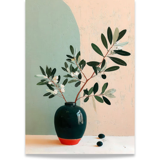 Botanisk plakat med grønne grener i mørk vase, malt i rolige naturtoner med mykt, moderne uttrykk.