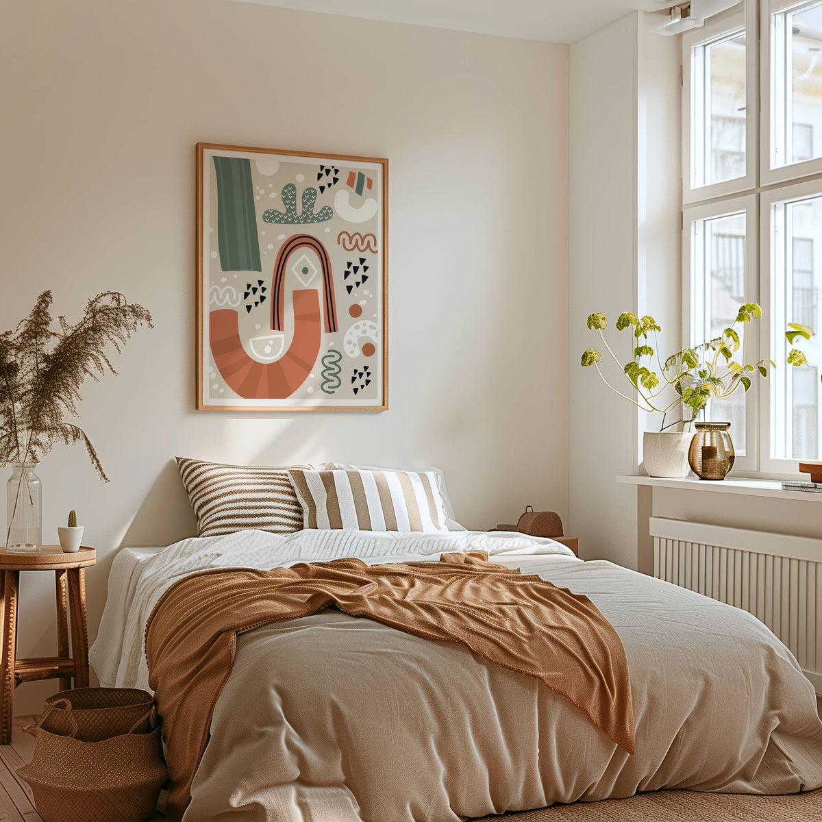 Playful Arch grafisk plakat i eikeramme på veggen i lyst soverom