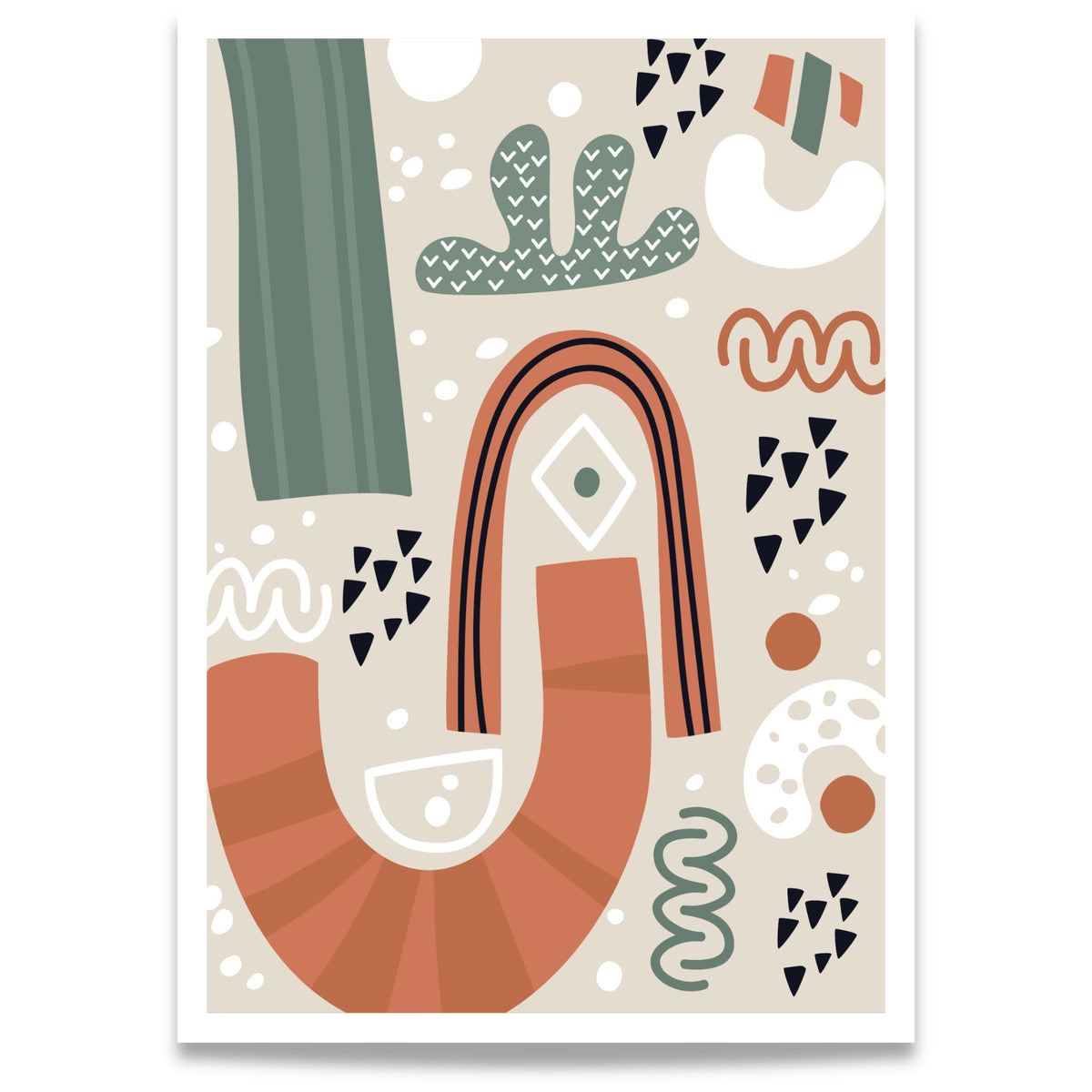 Playful Arch grafisk plakat med abstrakte former i terrakotta, grønt og beige