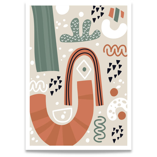 Playful Arch grafisk plakat med abstrakte former i terrakotta, grønt og beige