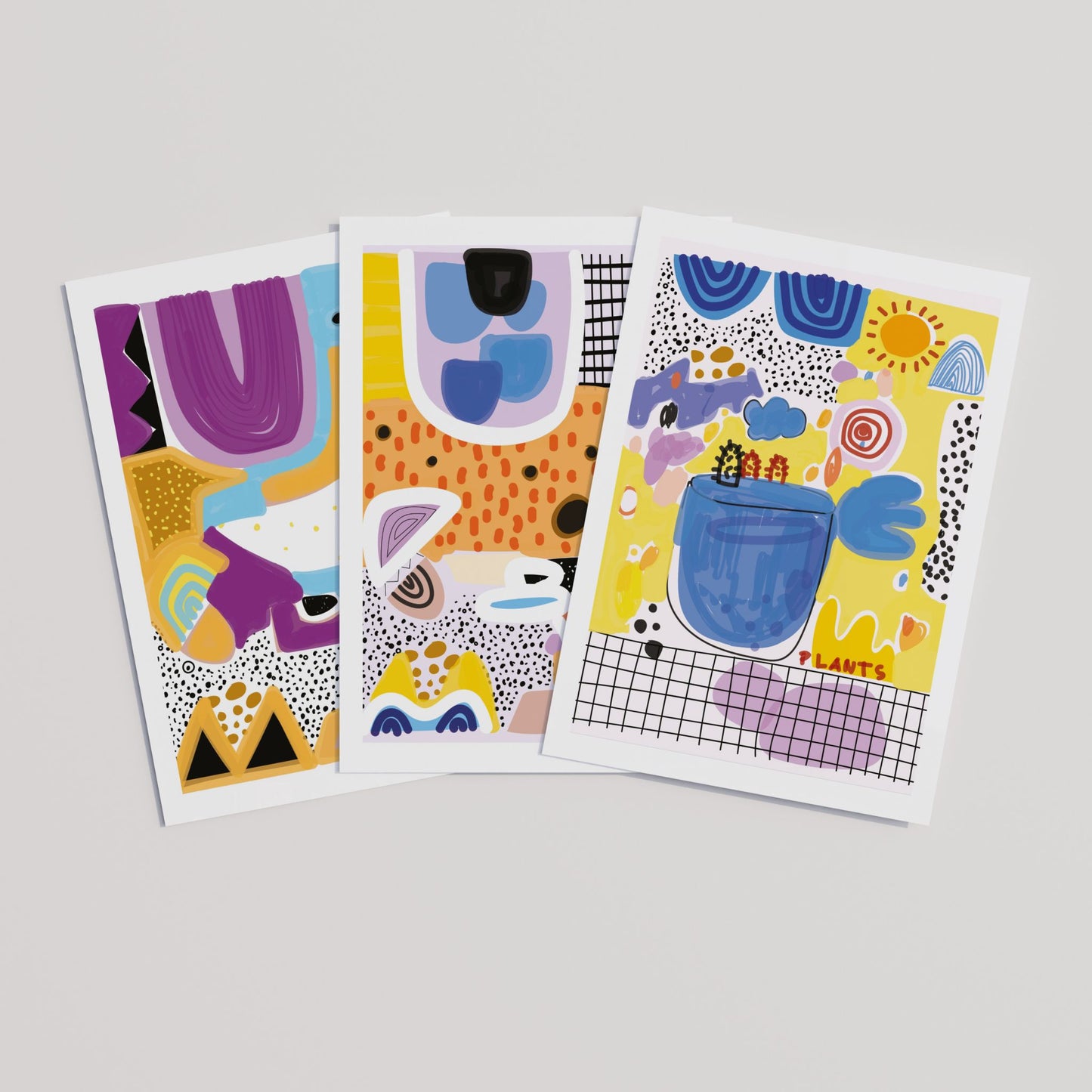 Playful Forms Trio med Colorful Rhythm, Bold Motion og Sunny Spirit som tre grafiske plakater