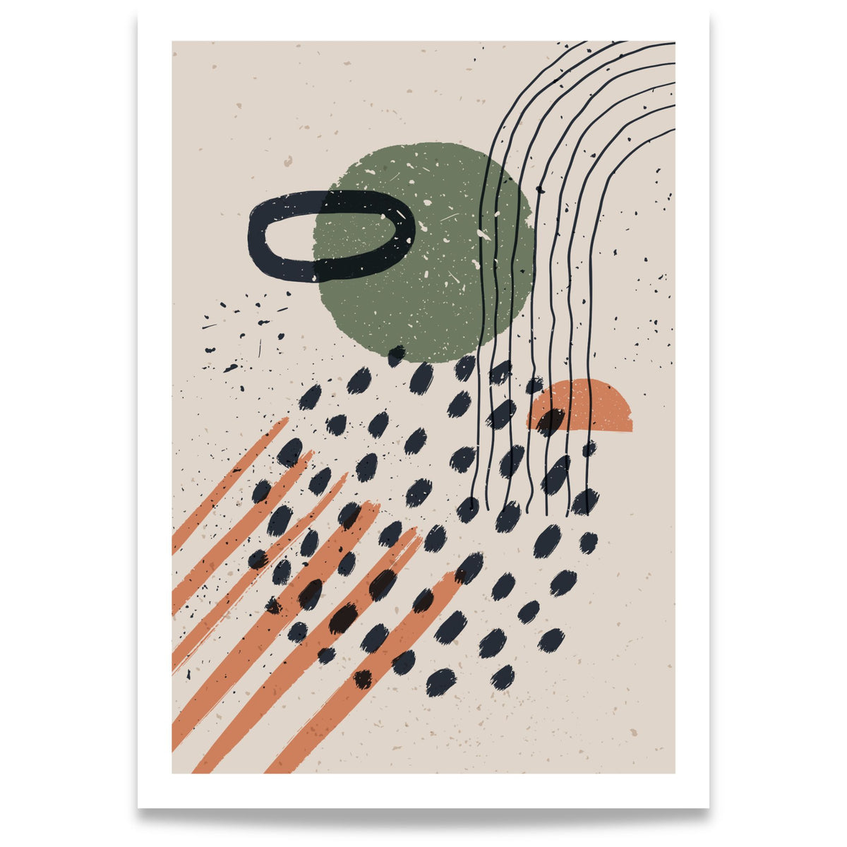 Playful Motion abstrakt grafisk plakat med grønne former, terrakotta linjer og mørke grafiske detaljer