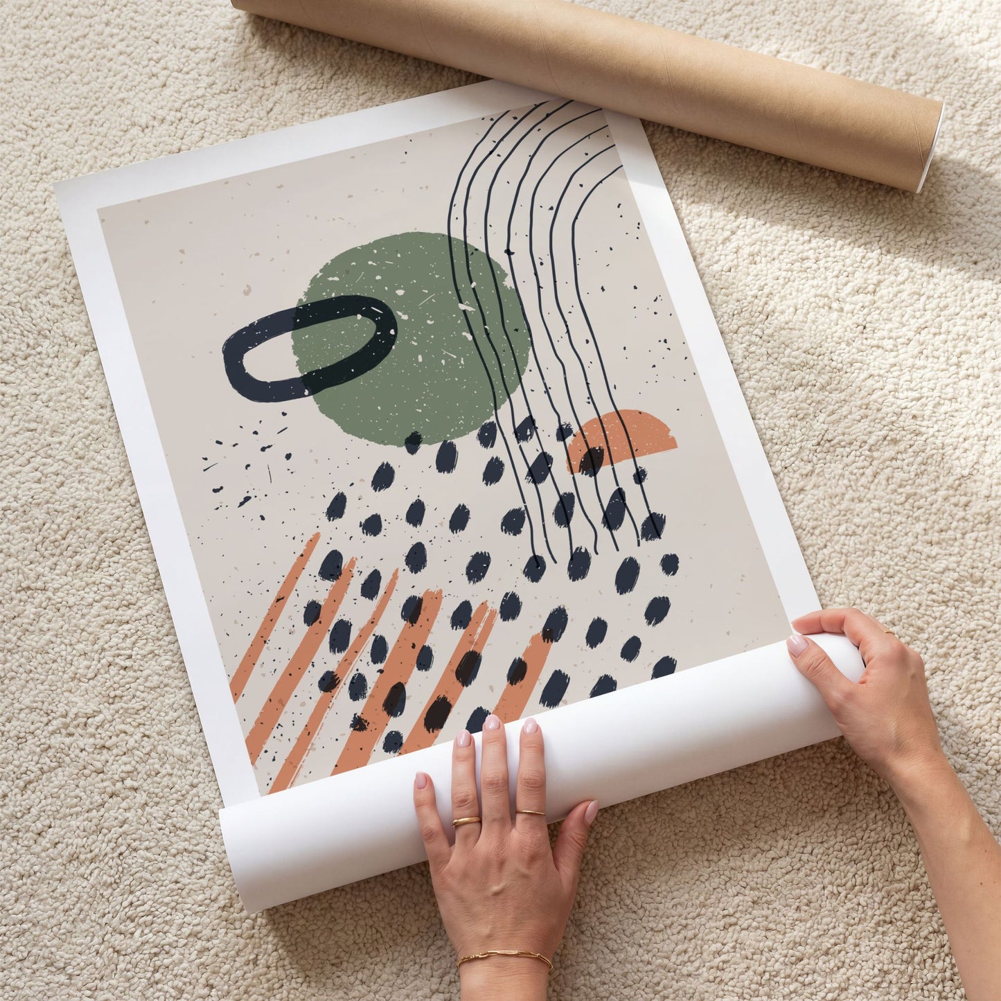 Playful Motion kunstplakat med hvit kant og grafiske former i grønt, terrakotta og mørk blå