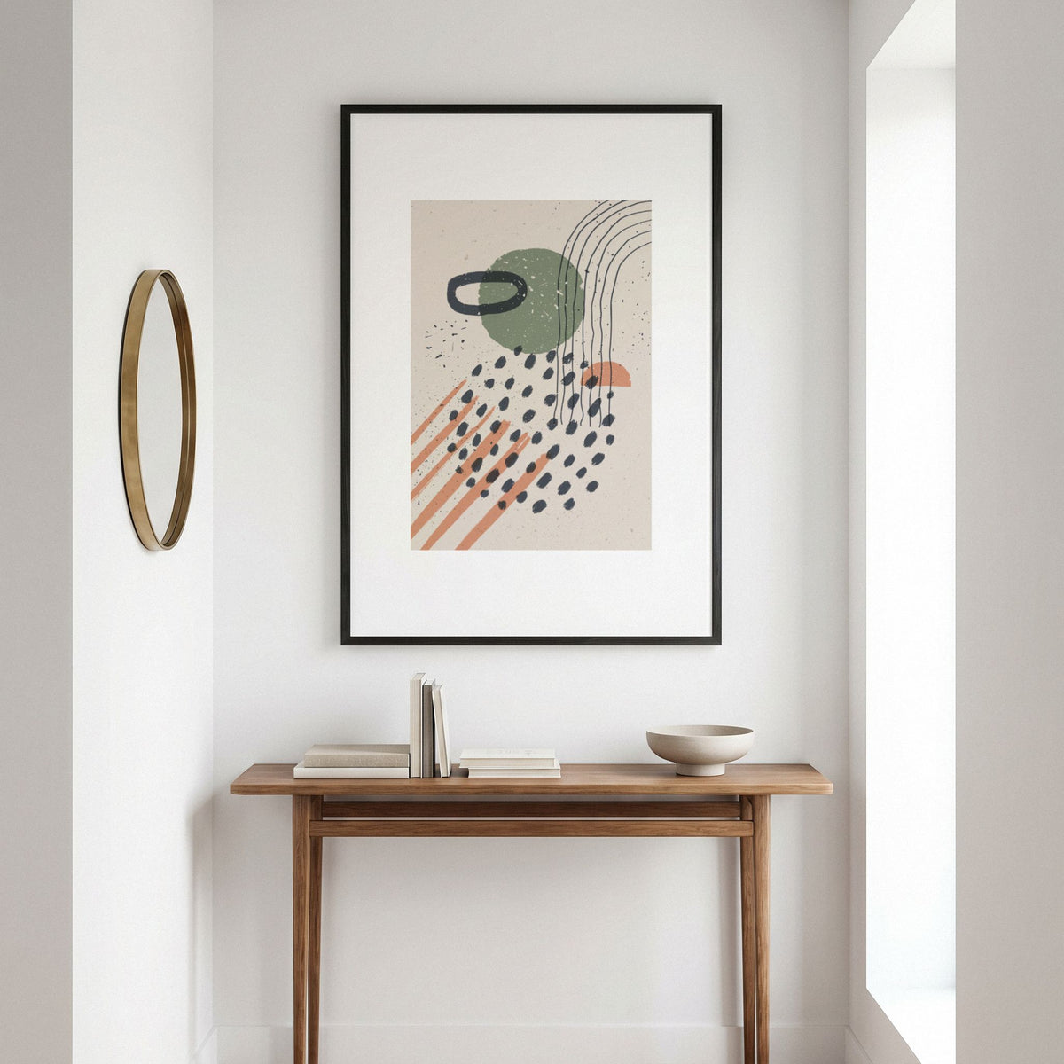 Playful Motion moderne grafisk plakat i sort ramme over konsollbord i skandinavisk interiør