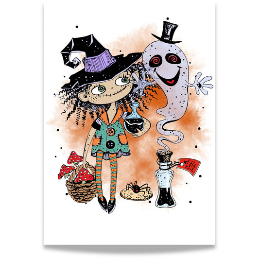 Potion & Mischief Halloween-plakat med heks, spøkelse og trylledrikk